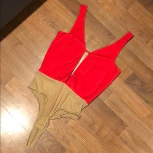Red and Beige V Neck Bodysuit